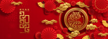 Chinese New Year 2022 Year Of The Tiger Red And Gold Flower And Asian Elements Paper Cut With Craft Style On Background.( Translation : Chinese New Year 2022, Year Of Tiger )