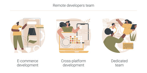 Poster - Remote developers team abstract concept vector illustration set. E-commerce development, cross-platform, dedicated team, web application, software environment, operating system abstract metaphor.