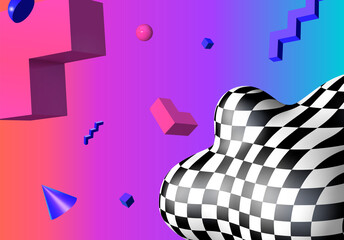 Poster - Abstract background with flying colorful 3D geometric shapes over vibrant gradient backdrop. Lush and bold colored abstraction with checkered shape in 90s style.