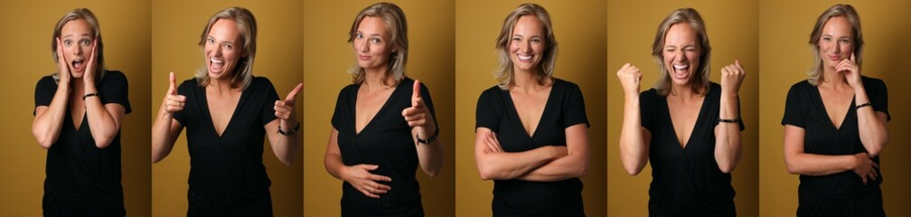 Wall Mural - Beautiful young woman in front of a colored background being very happy