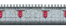 Ancient Castle Stone Seamless Background, Brick Medieval City Wall, Fortress Gray Cracked Texture. Game Fortification Illustration, Red Standard, Old Town Border. Stone Wall Architecture Front View