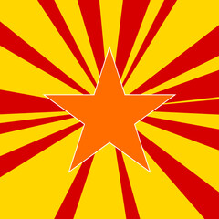 Poster - star symbol on a background of red flash explosion radial lines. the large orange symbol is located 