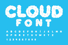 Cloud Font, Alphabet, Letters And Numbers. ABCs Of White Clouds In Blue Sky. Flat Style
