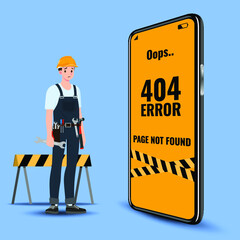 Poster - Flat error 404 sign layout yellow screen on mobile phone. The builder standing near a large cell phone and show Website 404 page on screen. The page you requested could not be found.