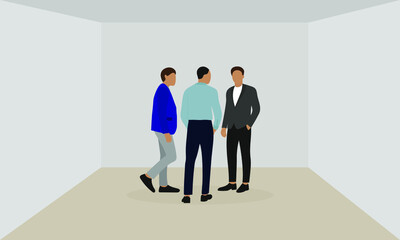 Three male characters in business clothes talking in an empty room