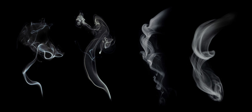 Wall Mural - Fog or smoke set isolated on black background. White cloudiness, mist or smog background.