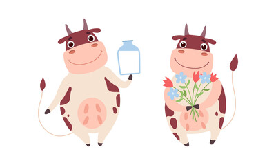 Canvas Print - Cute Cow Characters Set, Adorable Farm Animal Drinking Milk and Holding Bouquet of Flowers Cartoon Vector Illustration