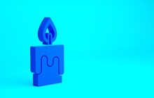Blue Burning Candle Icon Isolated On Blue Background. Cylindrical Candle Stick With Burning Flame. Minimalism Concept. 3d Illustration 3D Render