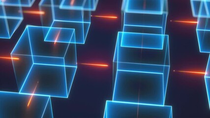Poster - Connection structure of many neon cubes. Computer generated abstract isometric background, 3d rendering