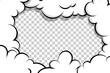 Comic book cartoon speech bubble for text. Cartoon puff cloud template on transparent background for text. Pop art dialog conversation funny smoke steam. Comics explosion symbol.