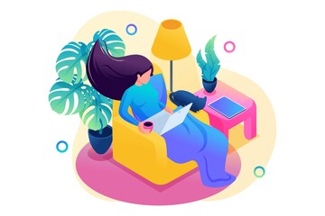 Poster - isometric 3d. girl working from home, freelance. concept for web design