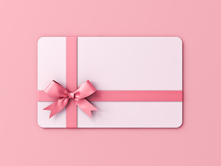 Poster - Blank white gift card with pink ribbon bow isolated on pink pastel color background with shadow minimal concept 3D rendering