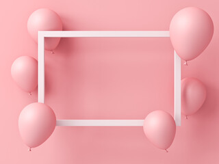 Blank white frame and pink balloons isolated on pink pastel color background with shadows minimal concept 3D rendering