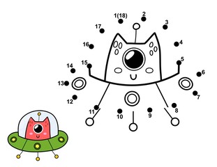 Wall Mural - Connect the dots and draw a cute alien in flying saucer. Space dot to dot game. Educational page for kids. Vector illustration