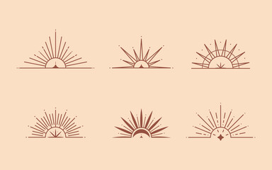 Wall Mural - Set of vector bohemian logo design templates with sun,moon and sunburst. Boho linear icons or symbols in trendy minimalist style.Modern celestial emblems.Branding designs templates.