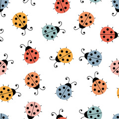 Wall Mural - Hand drawn seamless pattern with ladybugs. Cute background. Simple graphic design. Scandinavian style