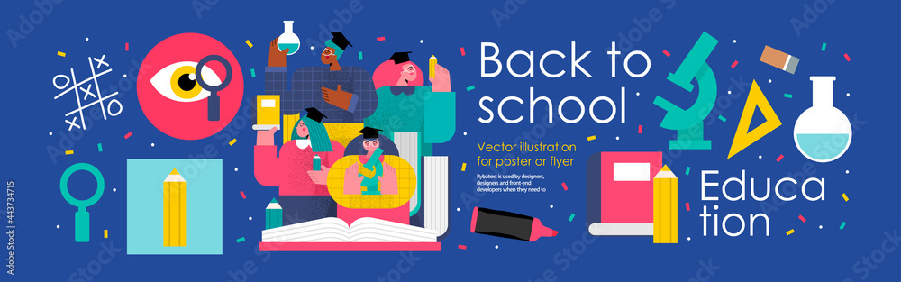 back to school and education. Vector illustration of schoolchildren and students in college and university with books, pencils, microscope and school objects. Drawings for poster, background or flyer - obrazy, fototapety, plakaty 