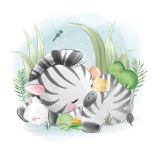 Little Zebra Sleeping With His Friends