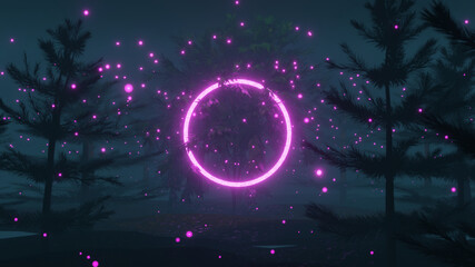Wall Mural - 3d illustration graphics of neon circle and bright colorful lights between magical forest landscape 