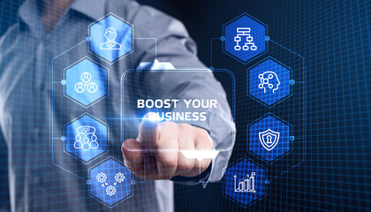 Business, Technology, Internet and network concept. Young businessman shows the word: Boost your business