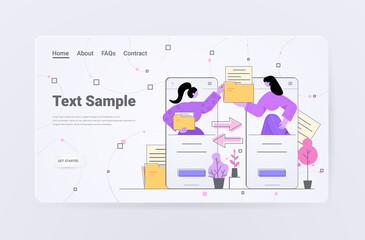 Poster - businesswomen sending and receiving document folders via smartphones copy transfer exchange file sharing concept horizontal portrait copy space vector illustration