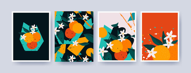 Wall Mural - Poster set in modern art style. Contemporary art collage of oranges with blossom flowers, leaves and geometric forms. Modern minimal design for print, paper, packaging, cover, fabric, wall art