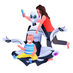 Poster - modern robot nanny spending time with children artificial intelligence technology babysitter concept