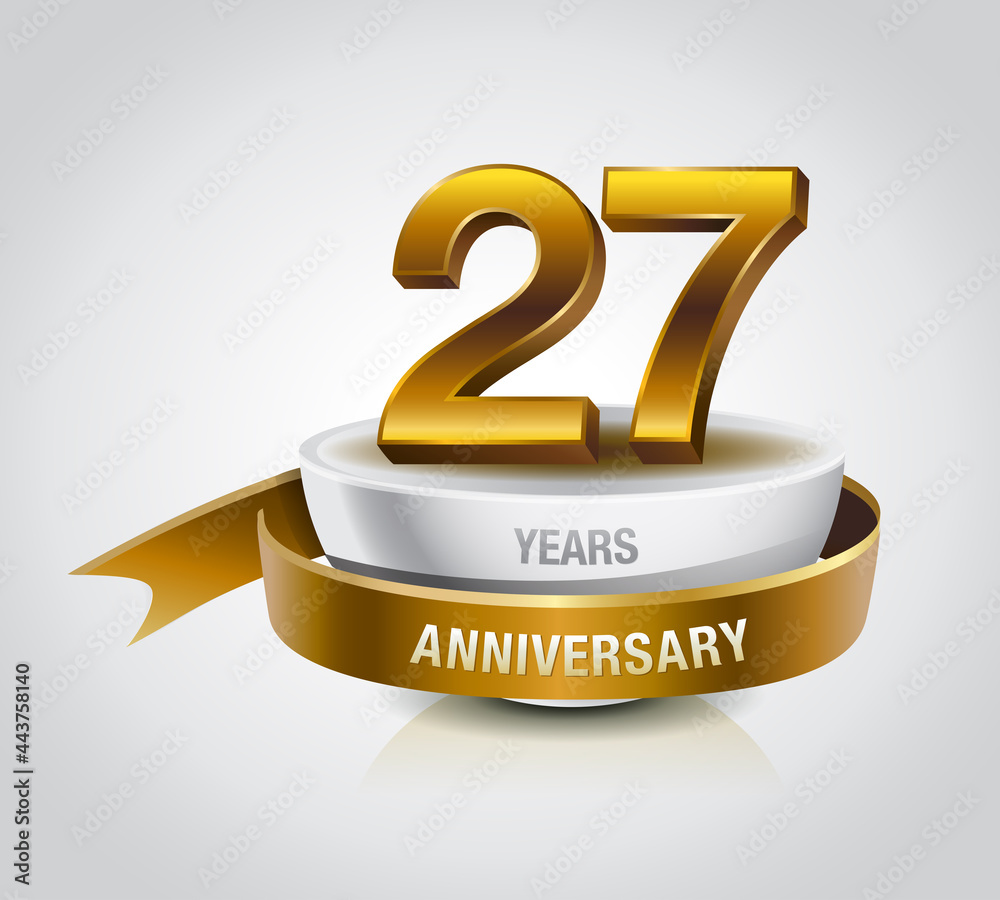 27 years golden anniversary logo celebration with ring and ribbon ...