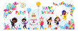 Kids party illustration set in bright colors. Includes six child characters, balloon and floral decorations, text elements, disco ball, birthday cake. Good for childish festive designs.