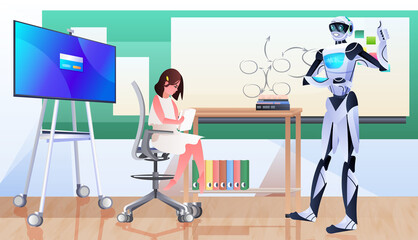 Poster - businesswoman with robot making presentation artificial intelligence technology concept
