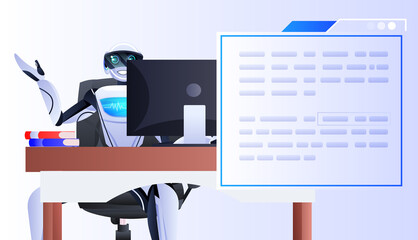 Poster - robot sitting at workplace chatbot assistant with speech bubble online communication artificial intelligence concept