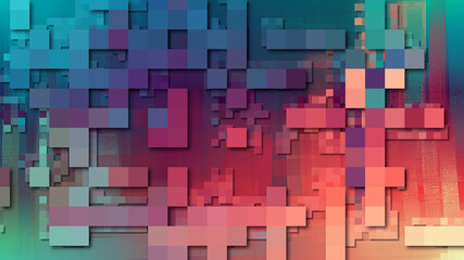 Poster - Abstract dark 3d backdrop, pixel art technology pattern background. Random colorful mosaic for web, industrial decor