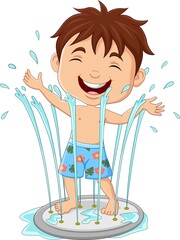 Wall Mural - Cartoon little boy playing water fountain