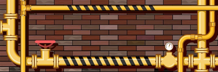 Wall Mural - Pipeline system. Horizontal picture with place for text on a brick wall background. Yellow metal pipes. Gas pipeline vector