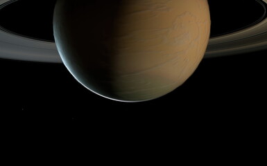 Wall Mural - Saturn halo rings dark sunlight in space Mimas Titan meteorite