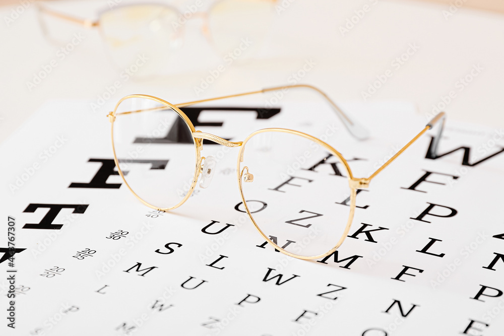 Stylish eyeglasses with eye test chart on white background, closeup