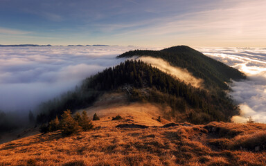 Wall Mural - morning sun panorama, beautiful fluffy clouds and forest at mount suchy in slovakia, mala fatra