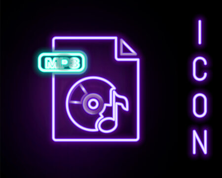 Glowing neon line MP3 file document. Download mp3 button icon isolated on black background. Mp3 music format sign. MP3 file symbol. Colorful outline concept. Vector