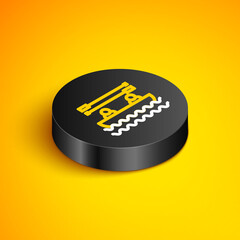 Sticker - Isometric line Boat with oars and people icon isolated on yellow background. Water sports, extreme sports, holiday, vacation, team building. Black circle button. Vector