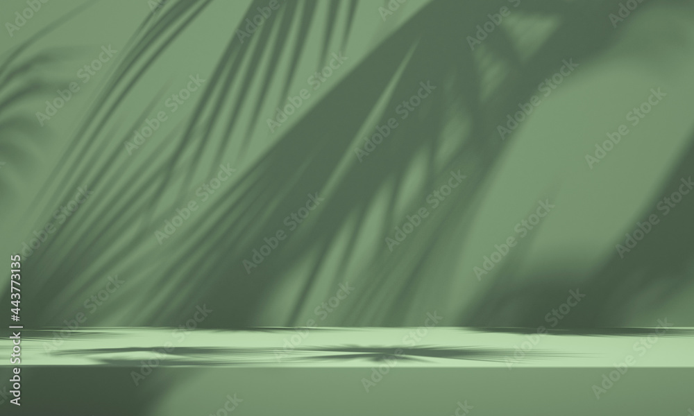 3D green product podium display with green background and tree shadow ...