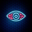 Glowing neon line Reddish eye due to viral, bacterial or allergic conjunctivitis icon isolated on brick wall background. Colorful outline concept. Vector