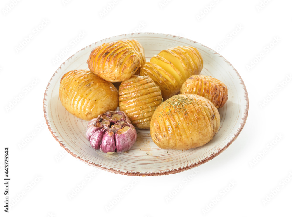 Plate with baked potato on white background
