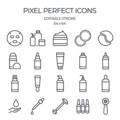 Skin care product related editable stroke outline icons set isolated on white background flat vector illustration. Pixel perfect. 64 x 64.