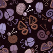 © Таня Ювица - Seamless pattern. Brown-purple, bright children's print, beetles, butterflies, snails on a dark background. Children's drawing.