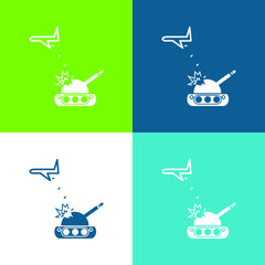 Airplane Throwing Bombs On A War Tank Flat four color minimal icon set