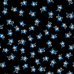 Sticker - Line Shopping cart and food icon isolated seamless pattern on black background. Food store, supermarket. Vector