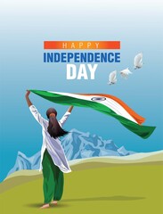 Indian Girl waving flag her hands. 15 August Happy Independence day celebration concept. can be used as poster or banner design. vector illustration.Print