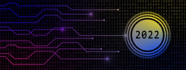 Poster - New Year 2022 - digits on button beside information connecting lines on binary code background - 3D illustration