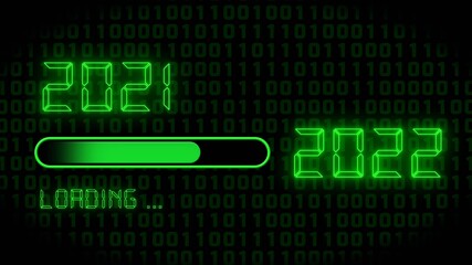 Fototapete - Year change 2022 - progress bar showing loading of the New Year in front of digital background - graphic elements and year digits in green color- 3D illustration