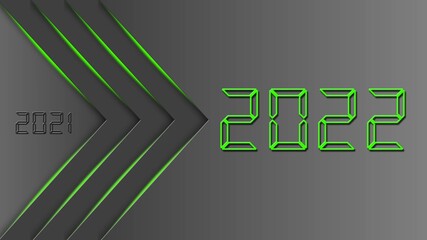 Poster - Year change 2022 on abstract background - graphic arrows with green colored shadow lines and green digits - 3D illustration